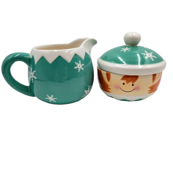 Christmas Elf Cream And Sugar Set Condiments Serving Coffee Tea Read - Picture 1 of 9